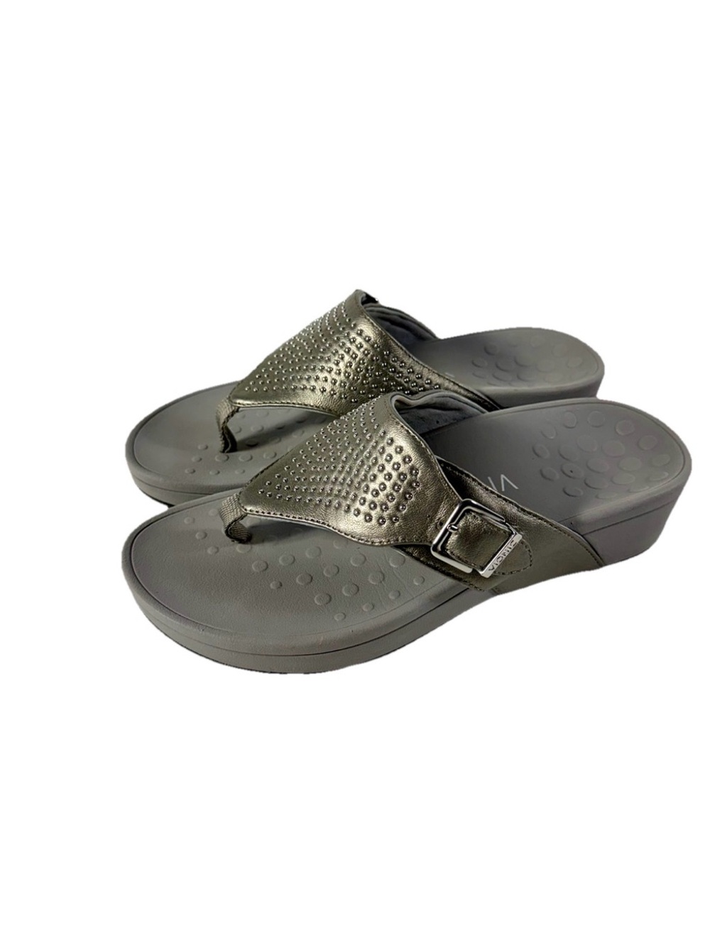 Vionic Metallic Silver Gray Studded Slide wedge Sandals Flip Flop Size 7